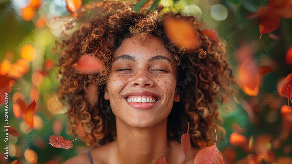With eyes closed and a broad smile, this woman is fully immersed in the beauty of autumn's embrace With eyes closed and a broad smile, this woman is fully immersed in the beauty of autumn's embrace
