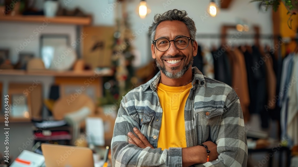 A smiling man with a warm demeanor, standing confidently in a casual clothing store A smiling man with a warm demeanor, standing confidently in a casual clothing store