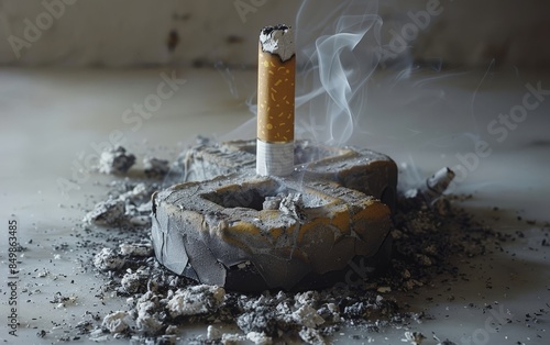 A cigarette is lit on a piece of bread with ash falling all over the place photo