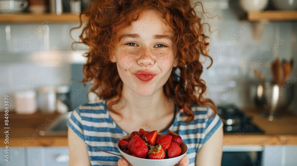 Girl with curly red hair playfully holding a bowl of fresh strawberries and making a funny face Girl with curly red hair playfully holding a bowl of fresh strawberries and making a funny face