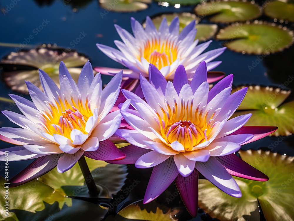 A closeup of three purple and yellow water lilies blooming in the center, surrounded by green leaves on top of a dark blue pond with sunlight reflecting off it A closeup of three purple and yellow water lilies blooming in the center, surrounded by green leaves on top of a dark blue pond with sunlight reflecting off it