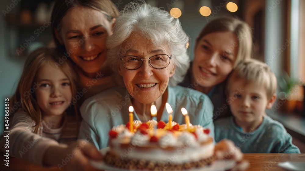 happy old grandmother with birthday cake at anniversary celebration home party with family after retirement. happy old grandmother with birthday cake at anniversary celebration home party with family after retirement.