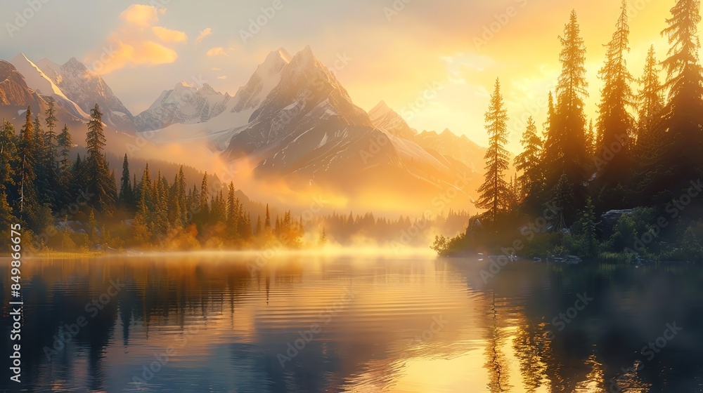 Misty sunrise over a serene mountain lake with towering peaks and evergreen trees Misty sunrise over a serene mountain lake with towering peaks and evergreen trees