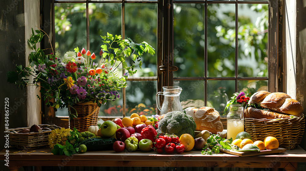 Rustic wooden table set with a variety of colorful fruits and vegetables Rustic wooden table set with a variety of colorful fruits and vegetables