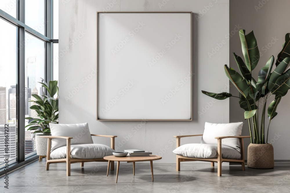 Mockup of blank wall with poster in office room created with Generative AI Mockup of blank wall with poster in office room created with Generative AI