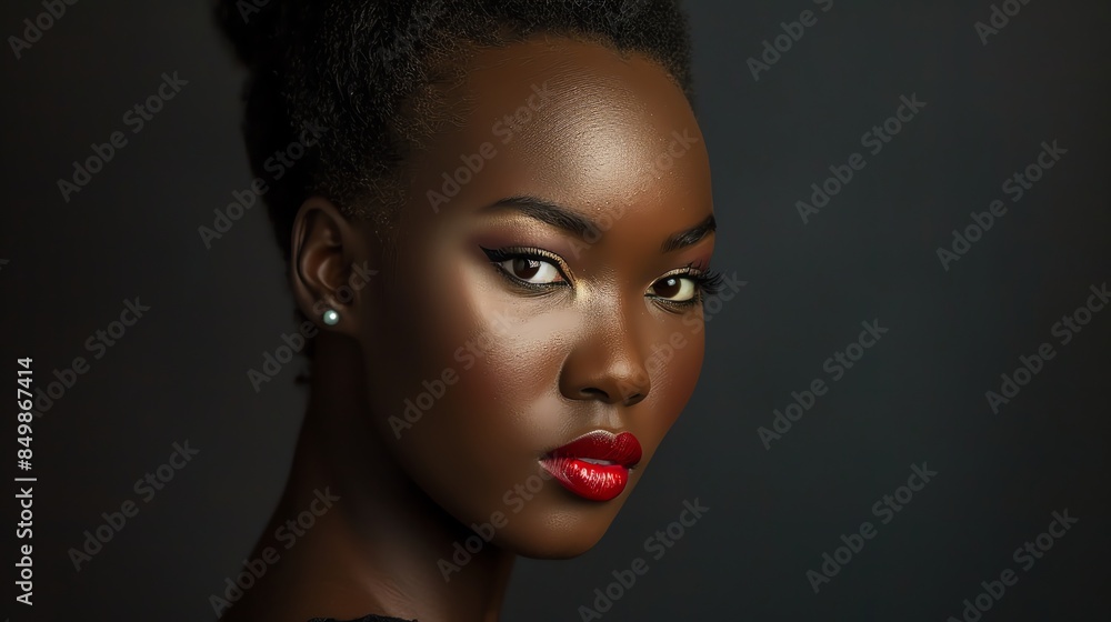 A striking portrait of a young woman with dark skin, showcasing her elegant features and glossy red lips. She gazes confidently at the camera against a dark, blurred background, highlighting A striking portrait of a young woman with dark skin, showcasing her elegant features and glossy red lips. She gazes confidently at the camera against a dark, blurred background, highlighting