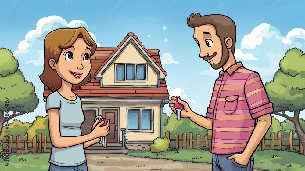 Cartoon vector real estate agent handing over house keys to a new ...