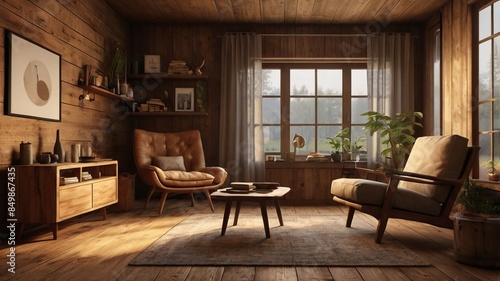 A cozy, rustic living room with wooden walls, floor, and ceiling. The room features a large window with sheer curtains, comfortable leather armchair, a wooden coffee table. Plants and decorative items © Henry