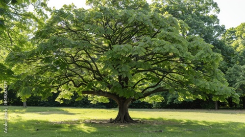 Horse chestnut tree displaying broad green leaves within the park