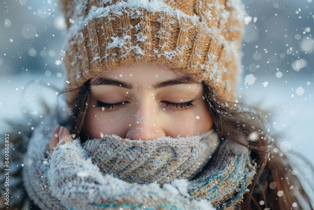 This image captures the intricacies of winter attire dusted with fresh snow, against blurred snowy backdrop This image captures the intricacies of winter attire dusted with fresh snow, against blurred snowy backdrop