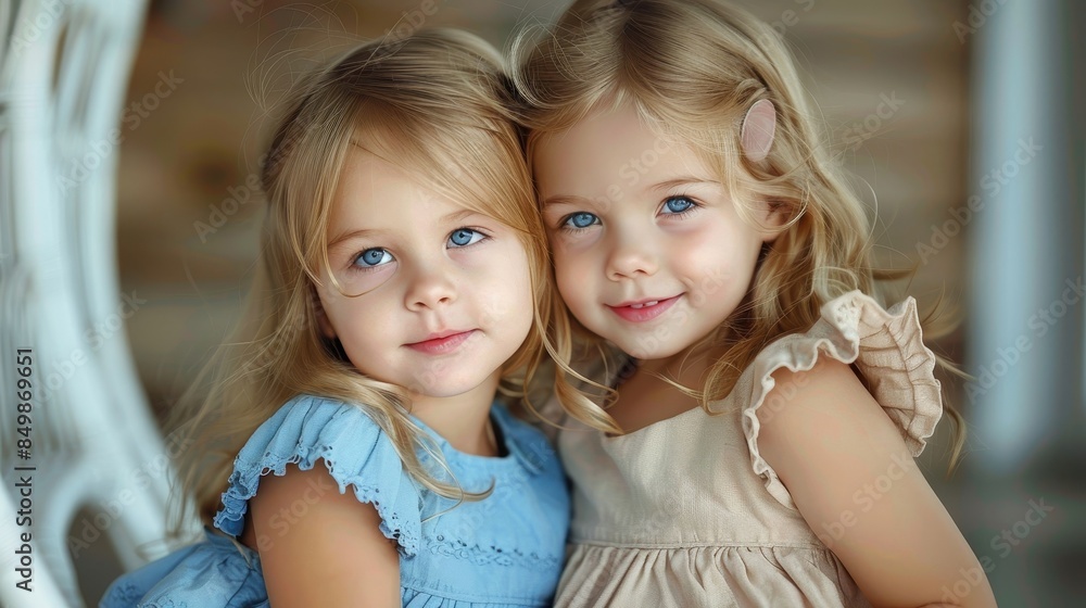 Twin girls with enchanting smiles teasingly hugging each other in beautiful light dresses Twin girls with enchanting smiles teasingly hugging each other in beautiful light dresses