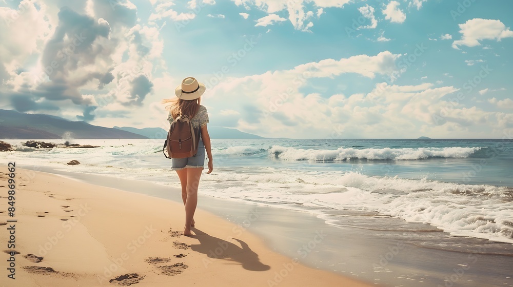 Back view of unrecognizable female traveler in casual clothes walking on sandy beach near waving sea against cloudy sky during vacation : Generative AI Back view of unrecognizable female traveler in casual clothes walking on sandy beach near waving sea against cloudy sky during vacation : Generative AI
