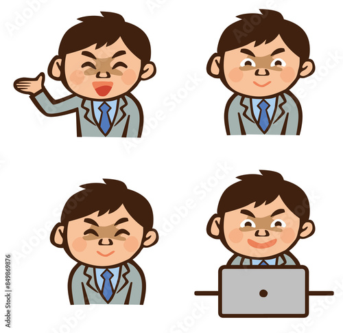 うさんくさい笑顔のスーツを着た男性のイラスト