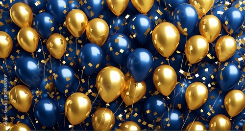 Dark Gold Balloons and Confetti on Blue Background - Birthday Party and Celebration Invitation