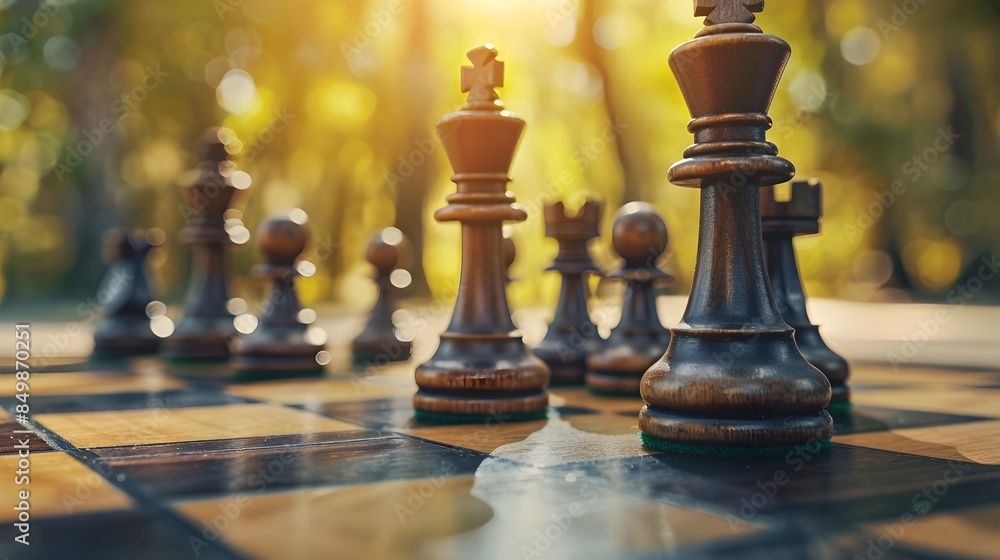 Chess pieces standing on a chessboard showing business strategy and success concept Chess pieces standing on a chessboard showing business strategy and success concept