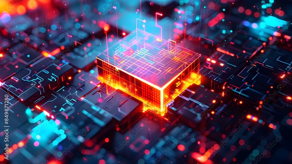 Obraz premium Vulnerable 3D Firewall Surrounded by Bright Digital Indicators