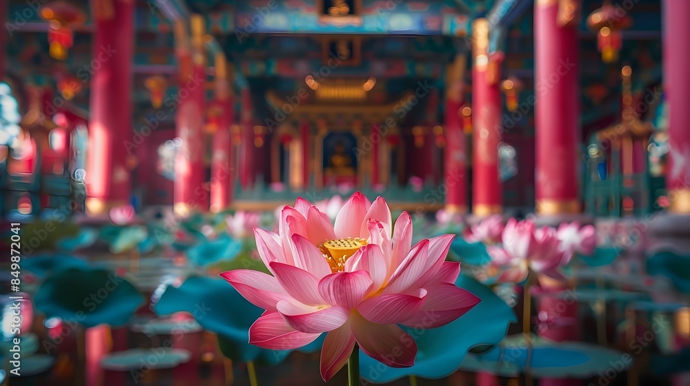 Obraz premium Mesmerizing Asian Buddhist Temple with Vibrant Lotus Flowers and Ornate Architectural Details