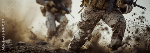 an epic banner of soldier carrying weapon while running with dirty sand exploded background photo