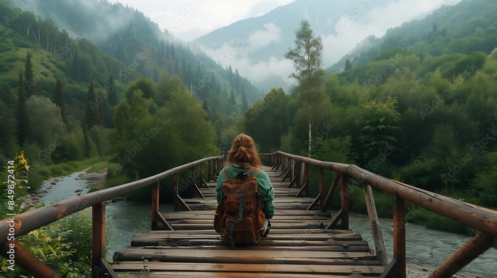 Girl traveler with backpack enjoy mountain nature sitting on wooden bridge Cheget KabardinoBalkaria Russia : Generative AI