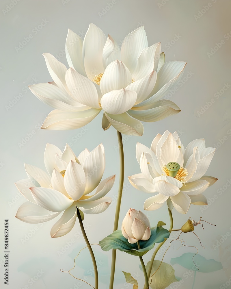 Exquisite White Lotus Blossoms in Serene Botanical Watercolor Study