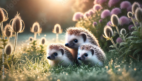 Close-Up of Hedgehog Family Exploring Garden at Dawn, Nature Background, Wall Art, 4K Wallpaper, Frame TV Art