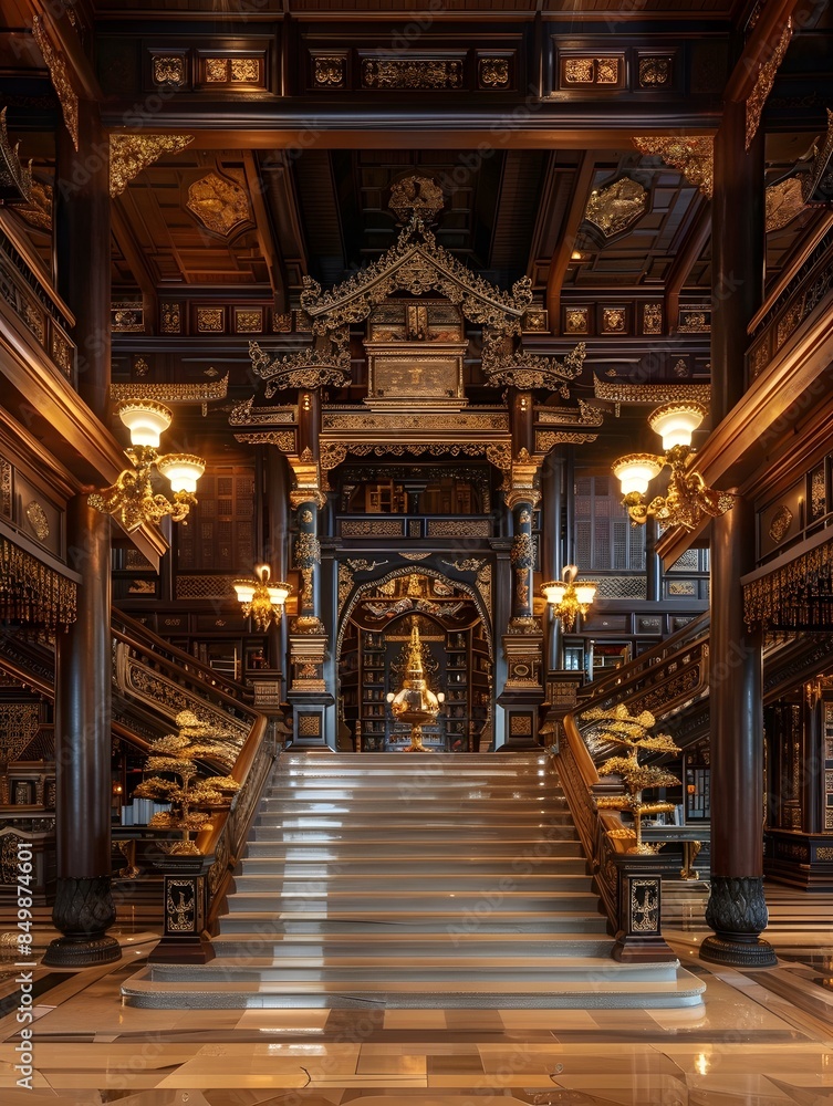 Obraz premium Ornate Thai Temple Architecture with Intricate Carved Wooden Details and Gleaming Gold Accents