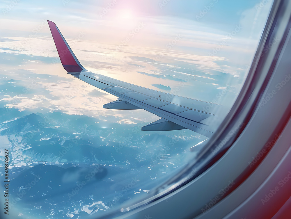 Scenic aerial view from an airplane window showing a wing above the clouds with sunlight, beautiful landscape and clear sky. Scenic aerial view from an airplane window showing a wing above the clouds with sunlight, beautiful landscape and clear sky.