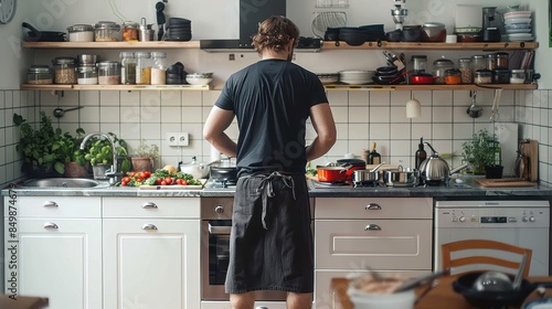 Fototapeta Naklejka Na Ścianę i Meble -  An individual is engaged in food preparation, facing shelves full of kitchen supplies in a contemporary setting