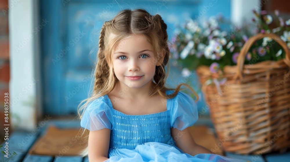 Attractive young girl in a blue lace dress with a basket of flowers, looking charmingly at the camera Attractive young girl in a blue lace dress with a basket of flowers, looking charmingly at the camera