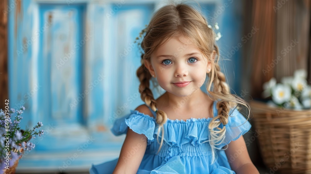 A young girl with braids wearing a royale blue country dress, looking at the camera with a pleasant expression A young girl with braids wearing a royale blue country dress, looking at the camera with a pleasant expression