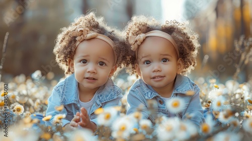 Two identical twins with flower headbands in denim, sitting and playing in a blossom-covered field