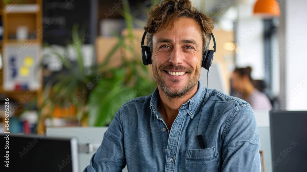 Mature man with a casual denim shirt and headset in the office Mature man with a casual denim shirt and headset in the office