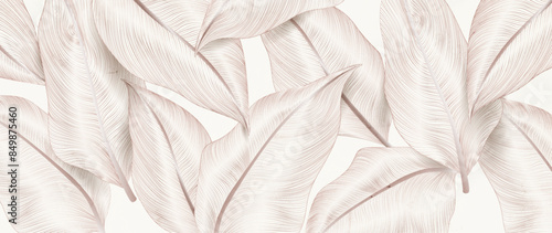 Abstract luxury art background with exotic leaves in pink line art style. Botanical tropical banner for decor, wallpaper, print, textile, poster, packaging, interior design.