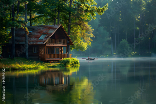 Small wooden house sitting on river, beautiful nature background © Kenishirotie