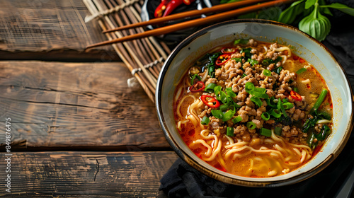 A bowl of hot and spicy tantanmen with ground pork and vegetables photo