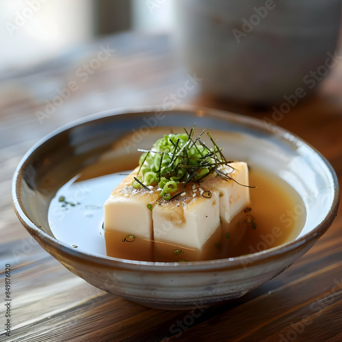 A dish of agedashi tofu with a light dashi broth photo