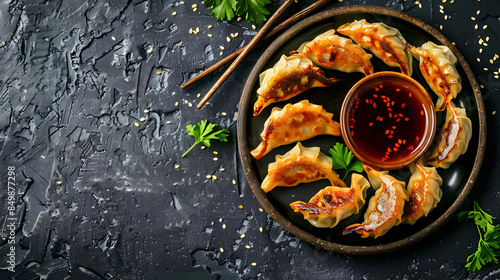 A plate of gyoza Japanese dumplings with dipping sauce photo