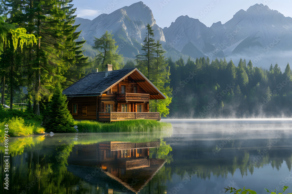 Obraz premium Small wooden house sitting on river, beautiful nature background