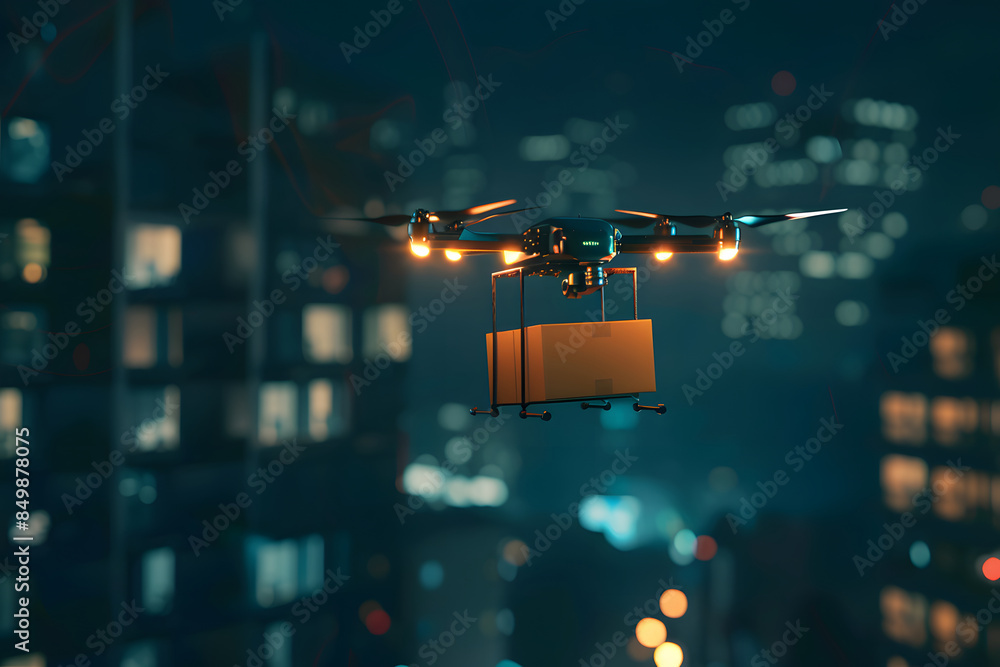 Drone delivering package in city skies Drone delivering package in city skies