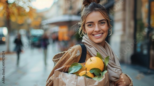 A happy young woman in a casual jacket carries a shopping bag with lemons and oranges while walking in an urban area