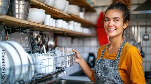 Fototapeta Naklejka Na Ścianę i Meble -  An attractive female worker in casual wear stands next to a commercial dishwashing machine, looking pleased at work