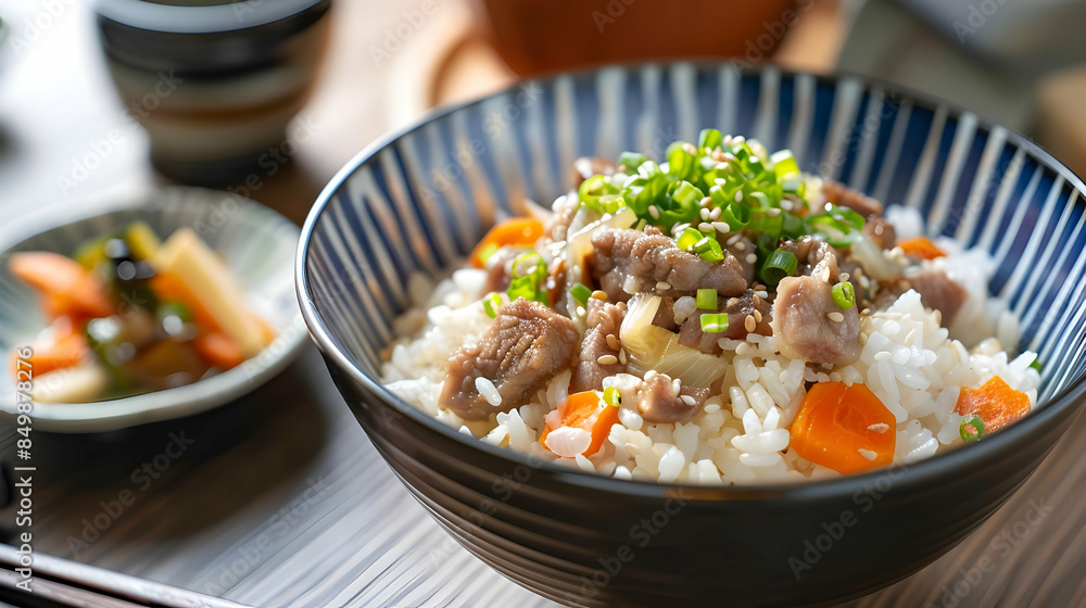 A serving of takikomi gohan seasoned rice with vegetables and meat A serving of takikomi gohan seasoned rice with vegetables and meat