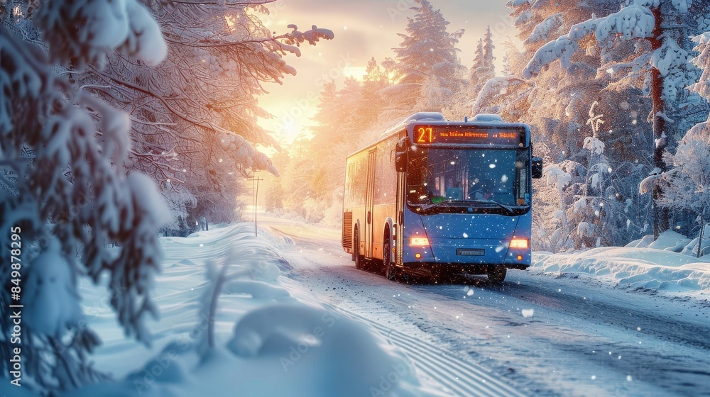 A city transport bus makes it way through a snow-laden landscape, with sun peeking through trees A city transport bus makes it way through a snow-laden landscape, with sun peeking through trees
