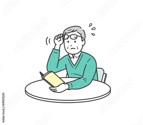 老眼鏡の度が合わず本が見づらく困っている高齢男性イラスト
