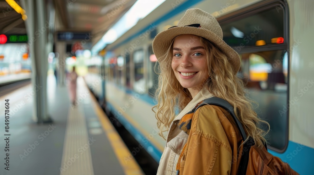 Smiling young woman with a backpack stands in front of a train at a station platform Smiling young woman with a backpack stands in front of a train at a station platform