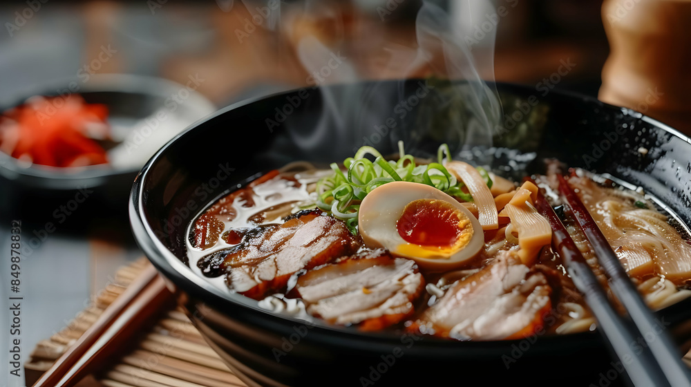 A bowl of hot and comforting tonkotsu ramen with chashu pork A bowl of hot and comforting tonkotsu ramen with chashu pork