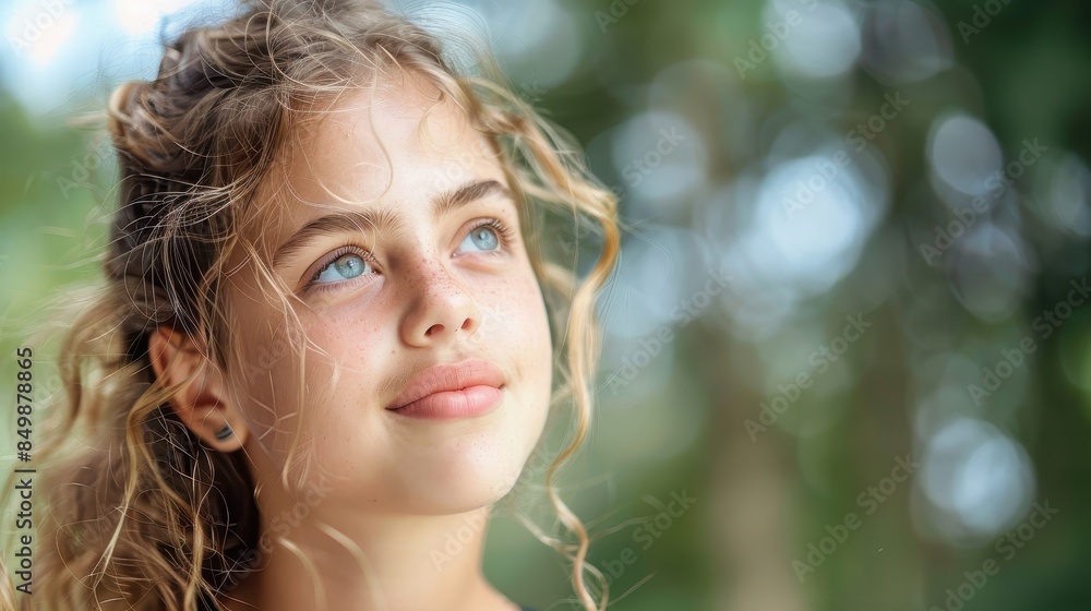 Smiling girl with curly hair backlit by golden hour sunlight, surrounded by nature Smiling girl with curly hair backlit by golden hour sunlight, surrounded by nature