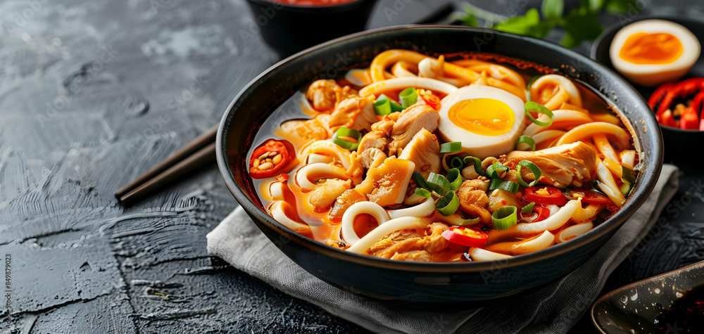 A bowl of hot and savory chicken udon A bowl of hot and savory chicken udon