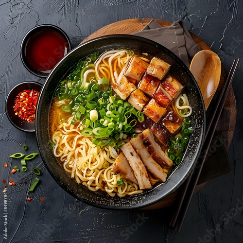 A bowl of hot and spicy ramen with chashu pork and green onions photo