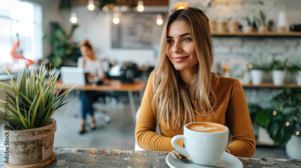 An attractive woman is seated at a cafe table with a cup of coffee, exuding casual elegance An attractive woman is seated at a cafe table with a cup of coffee, exuding casual elegance